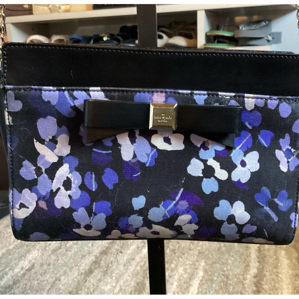 Kate Spade black floral purple and blue canvas crossbody